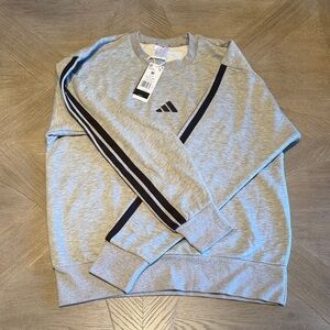 Adidas Men's Light Gray Crewneck Sweatshirt with Black Stripes